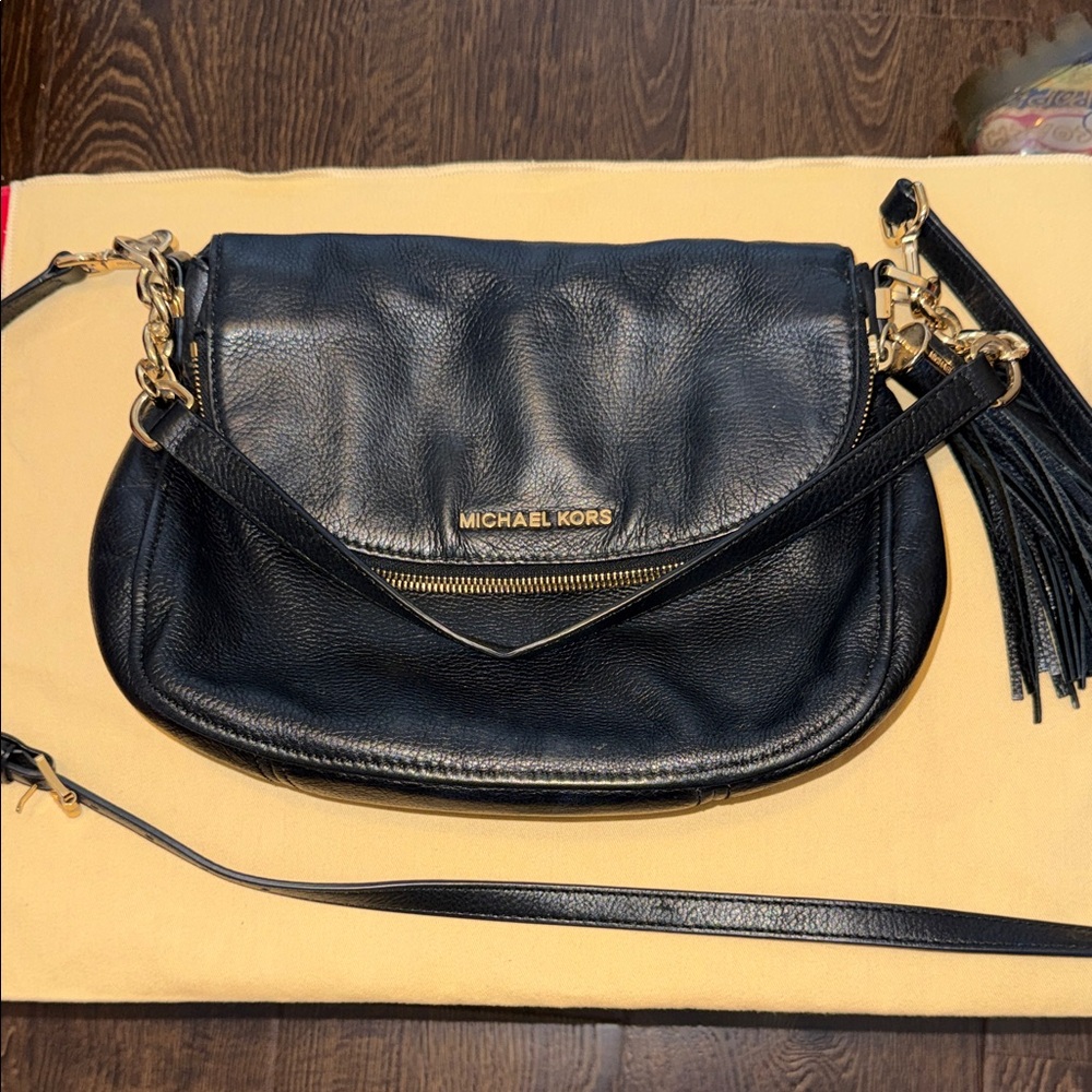 Michael Kors Black Leather Shoulder Bag with Gold Accents